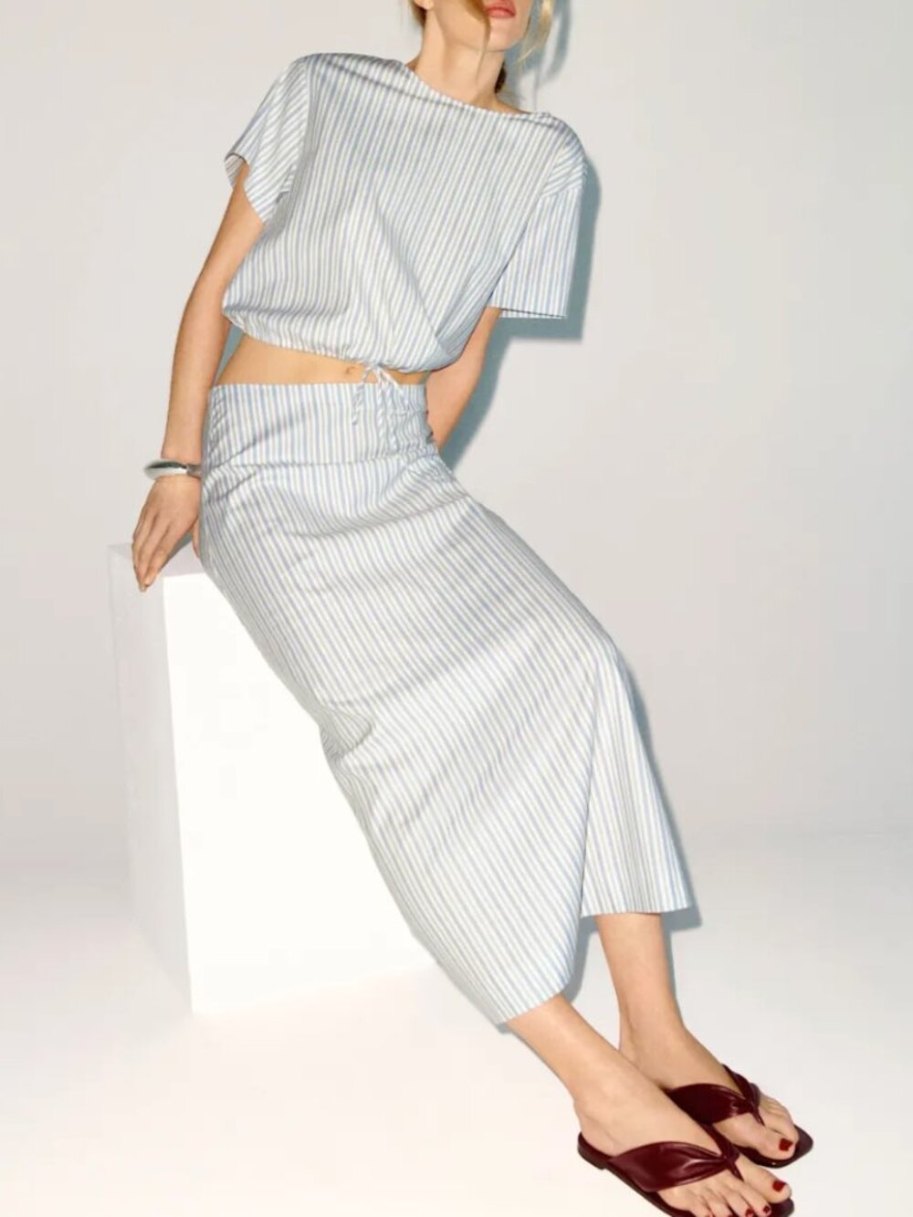 Reformation Jordan Two Piece - Calamari Stripe Blue Ivory French Cotton - Picture 1 of 9